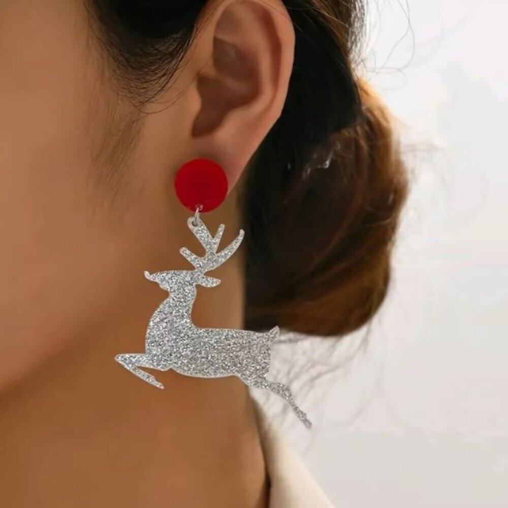 NEW Retro MCM Silver and Red Acrylic Reindeer Drop Earrings Christmas Holiday